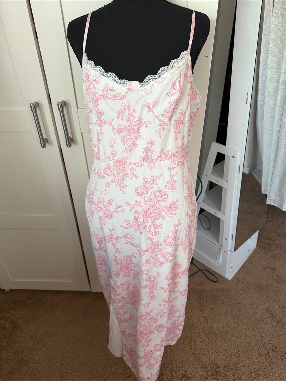SHEIN White Slip Dress with Pink Floral Print and Lace Trim